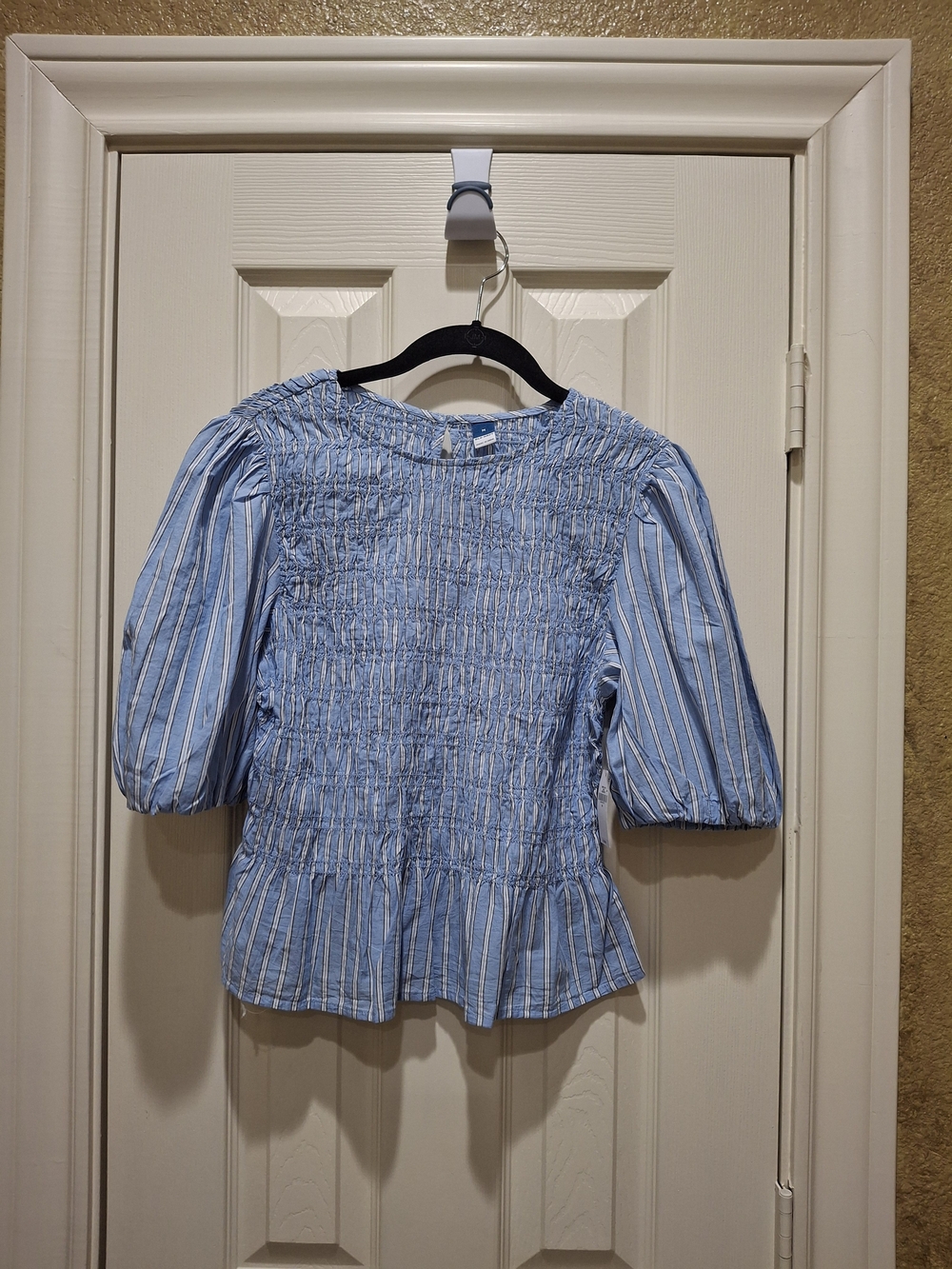 NWT Light Blue and White Striped Smocked Top